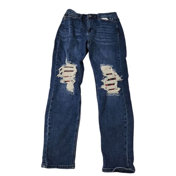 Judy Blue Jeans 29 Blue Buffalo Plaid Patch‎ Distressed Boyfriend Mid Rise - Picture 1 of 11